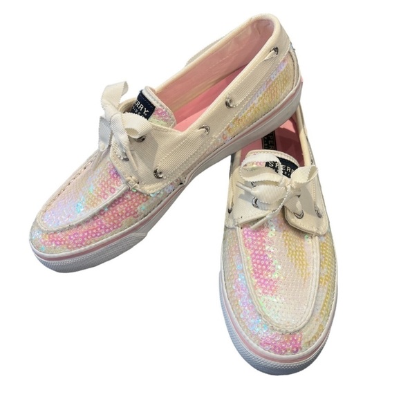 Sperry Shoes - Sperry White with Pink/Blue Iridescent Sequin Boat Shoes Sneaker 8 ribbon laces